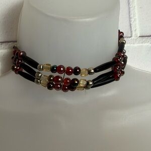 Vintage Handmade Beaded Multi- Strand Choker Necklace - Red, Gold & Black